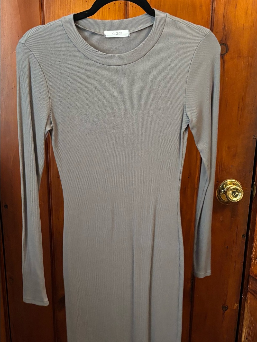 Cherish Ribbed Long Sleeve Midi Dress in Gray